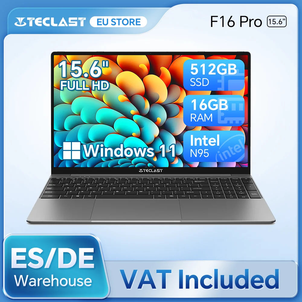 TECLAST-Ordinateur portable F16Pro avec clavier rétro4.2, 15.6 pouces, 16 Go de RAM, 512 Go de SSD, processeur Intel N95, écran IPS FHD 1080P, WiFi 6, BT 5.0, USB 3.2, 38000mWh