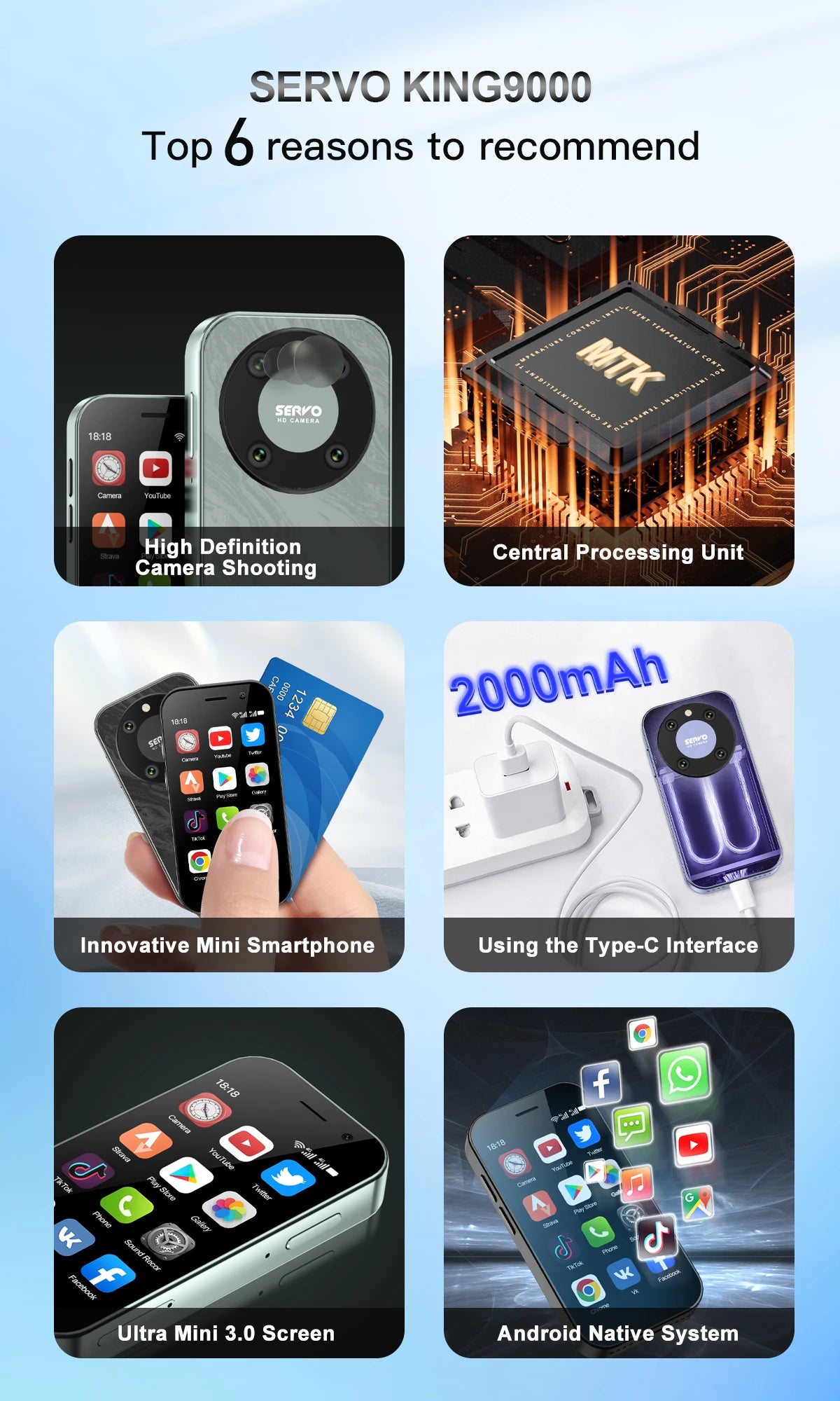 SERVO KING9000, petit téléphone portable Smartphone, écran HD 3.0 ", Android 10.0, réseau 4G, persévérance, 2 Go + 16 Go, 2000mAh,Reconnaissance faciale , mini téléphone portable