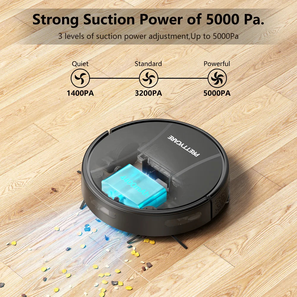 PrettyCare-Aspirateur Robot C2 avec Auto Carpet Boost, Aspirateur de Sol, Aspiration 4000Pa, Alexa, WiFi, App