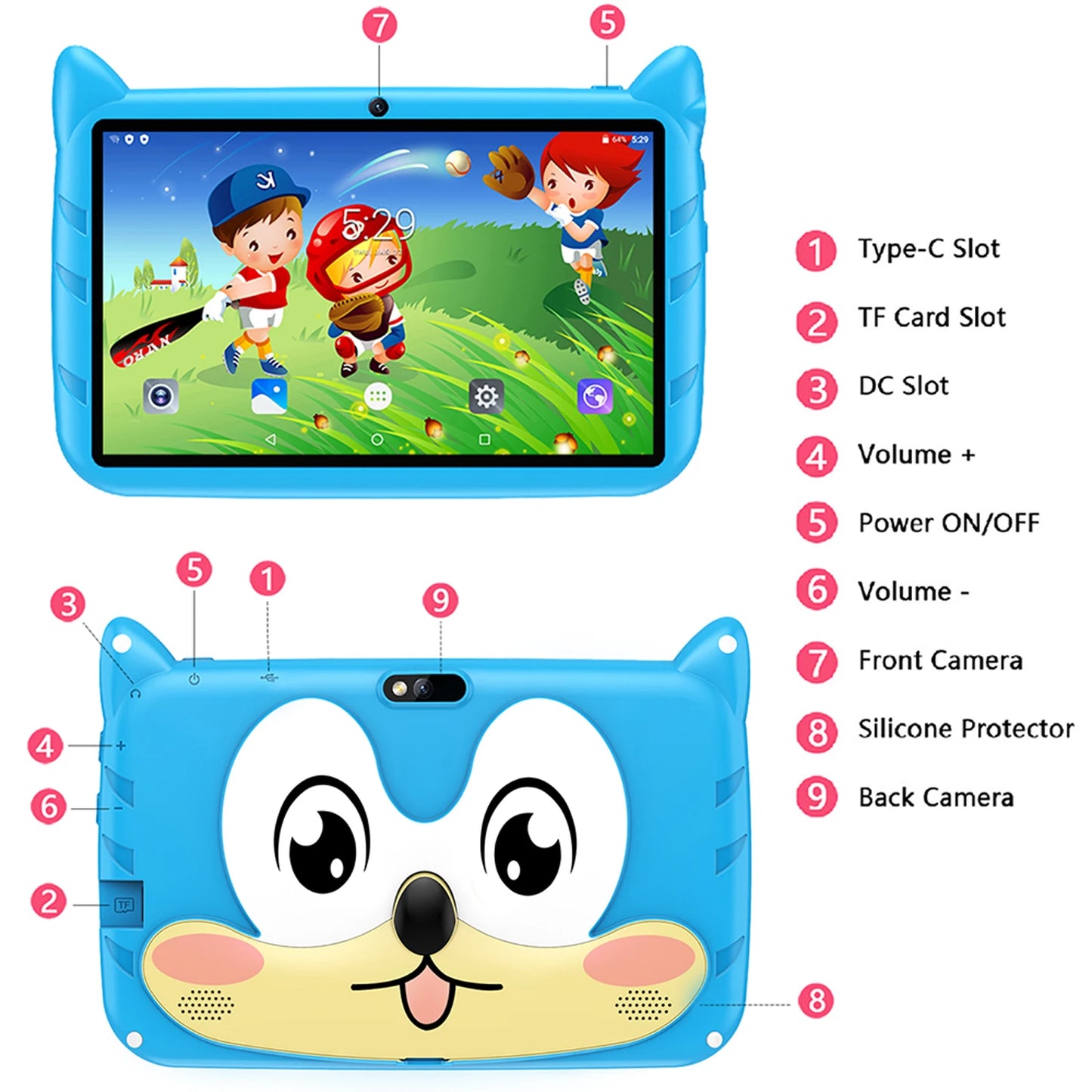BDF dessin animé modèle 7 pouces enfants tablette Quad Core 4GB RAM 64GB ROM Android 13 Google apprentissage jeux éducatifs tablettes 4000mAh