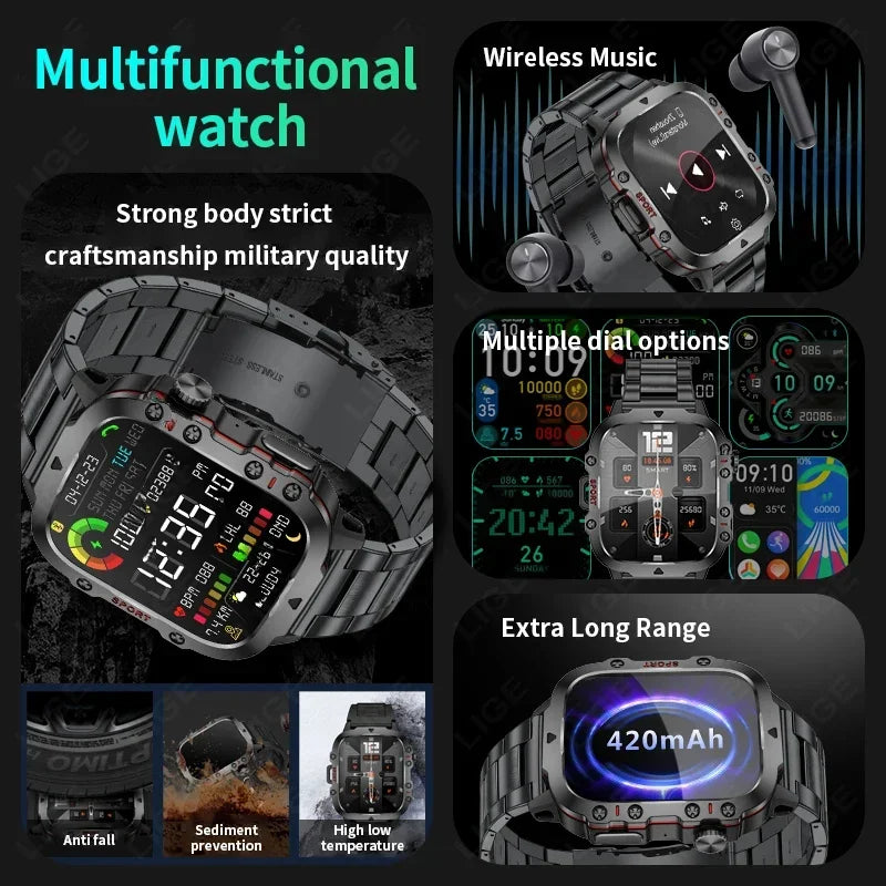 Montre intelligente militaire robuste pour hommes, montres d'extérieur lP68, étanche, 2024 ", voix Al, appel Bluetooth, montre intelligente pour Android LOS, 2.01