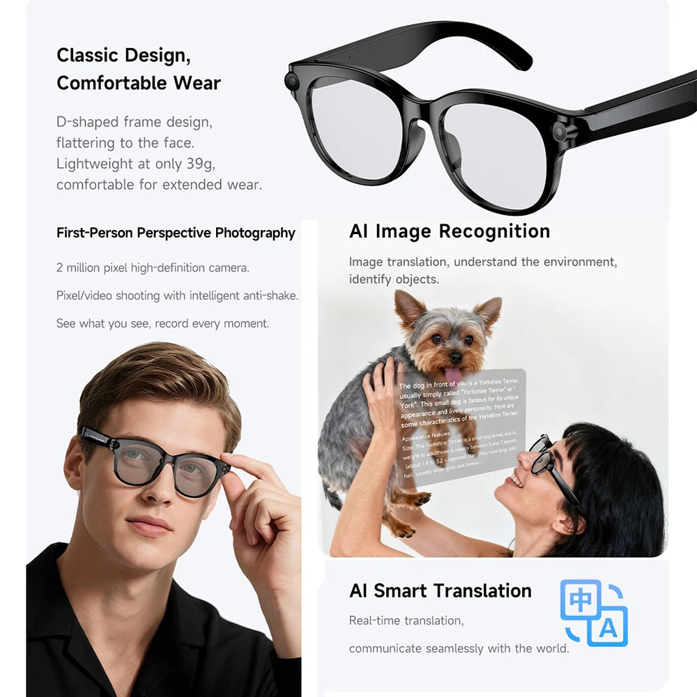 AI lunettes intelligentes traduction en temps réel double caméra Bluetooth appel lunettes de soleil tirer Audio vidéo lecteur de musique multifonctionnel hommes