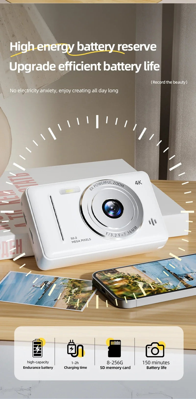 Xiaomi 4K appareil photo numérique rétro CCD Portable carte caméra d'entrée de gamme double caméra Flash 50 millions de Pixels mise au point automatique