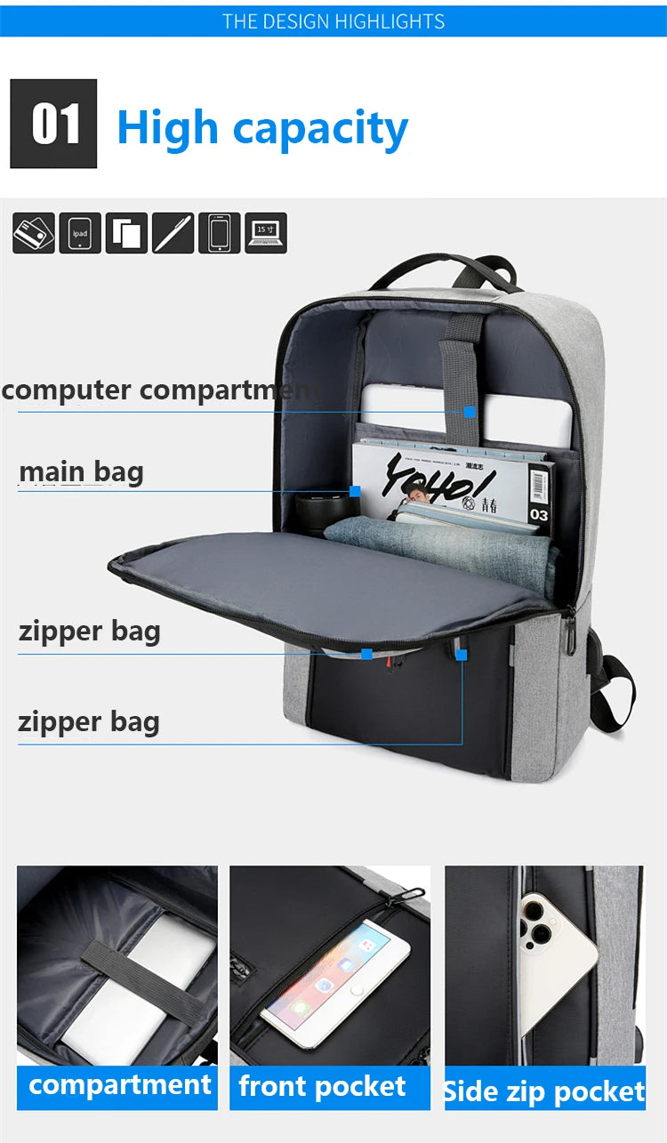 Sac à dos d'affaires étanche pour hommes, sacs à dos d'école USB, sac à dos pour ordinateur portable de 15.6 pouces, sacs à dos de grande capacité pour hommes