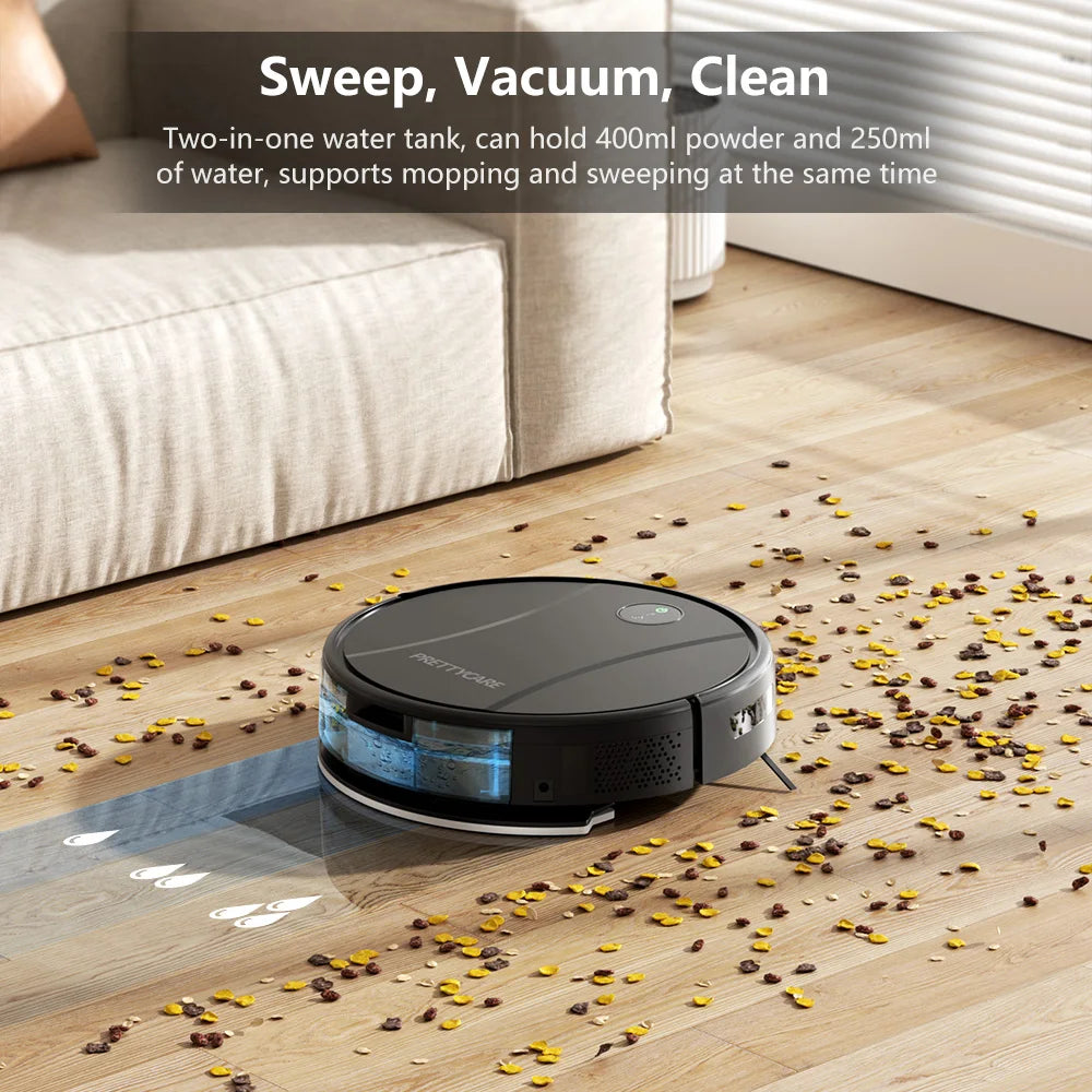 PrettyCare-Aspirateur Robot C2 avec Auto Carpet Boost, Aspirateur de Sol, Aspiration 4000Pa, Alexa, WiFi, App