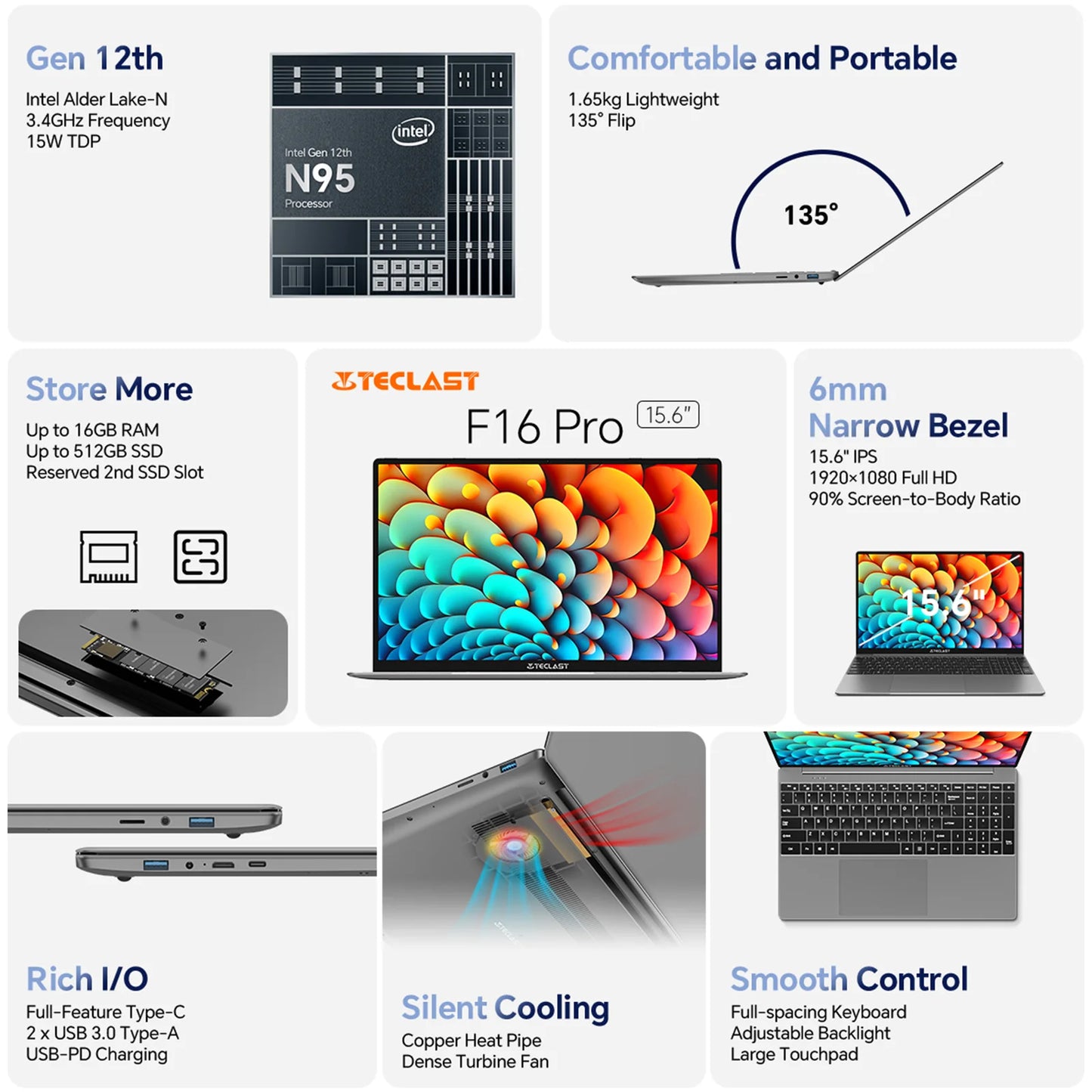 TECLAST-Ordinateur portable F16Pro avec clavier rétro4.2, 15.6 pouces, 16 Go de RAM, 512 Go de SSD, processeur Intel N95, écran IPS FHD 1080P, WiFi 6, BT 5.0, USB 3.2, 38000mWh