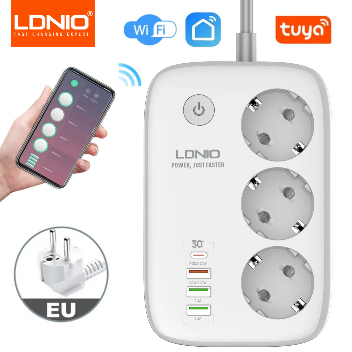LDNIO – multiprise intelligente Tuya WIFI, câble d'extension de prise ue, adaptateur de synchronisation avec 3 prises, 3 ports USB, application Bluetooth Smart Life