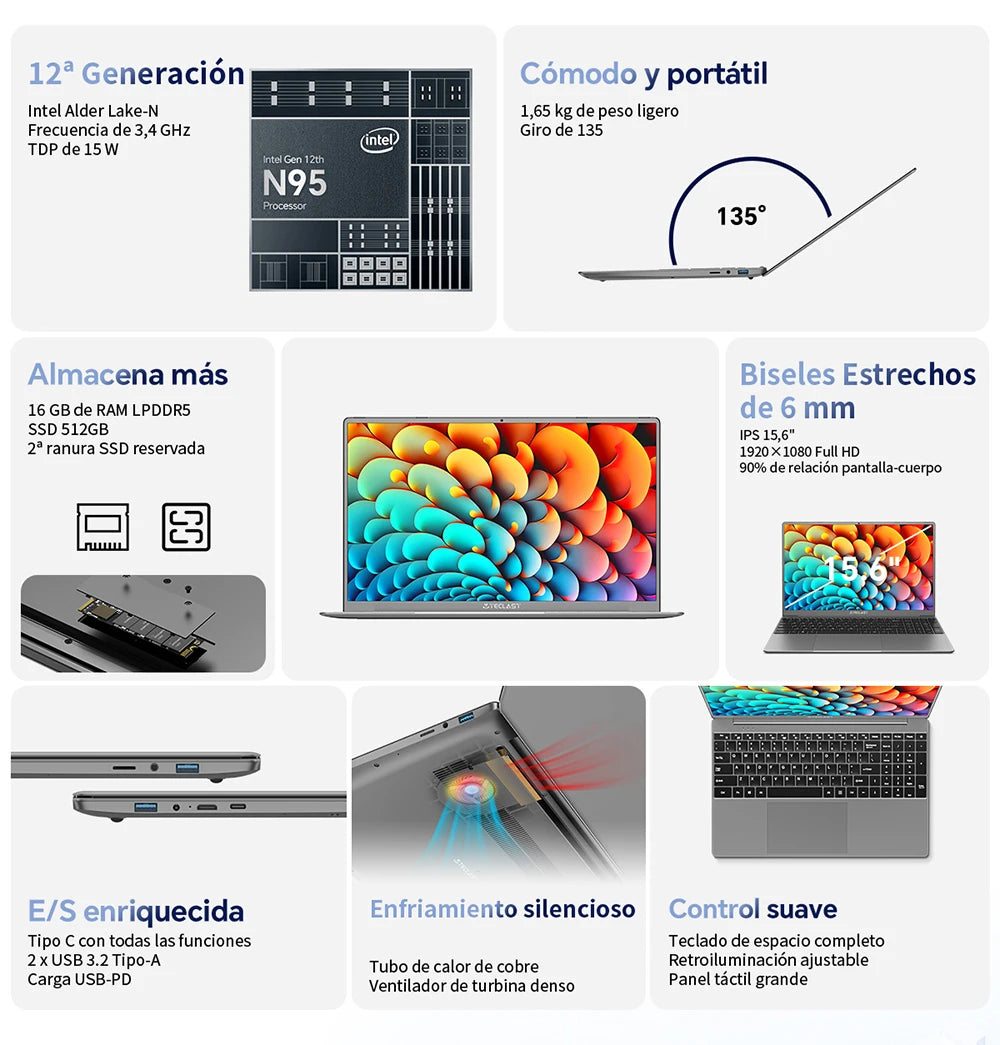 TECLAST-Ordinateur portable F16Pro avec clavier rétro4.2, 15.6 pouces, 16 Go de RAM, 512 Go de SSD, processeur Intel N95, écran IPS FHD 1080P, WiFi 6, BT 5.0, USB 3.2, 38000mWh