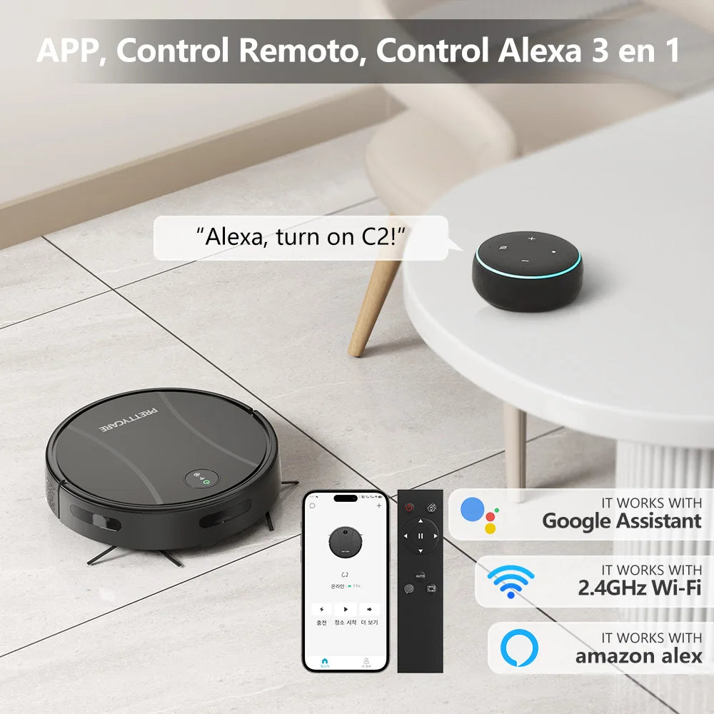 PrettyCare-Aspirateur Robot C2 avec Auto Carpet Boost, Aspirateur de Sol, Aspiration 4000Pa, Alexa, WiFi, App