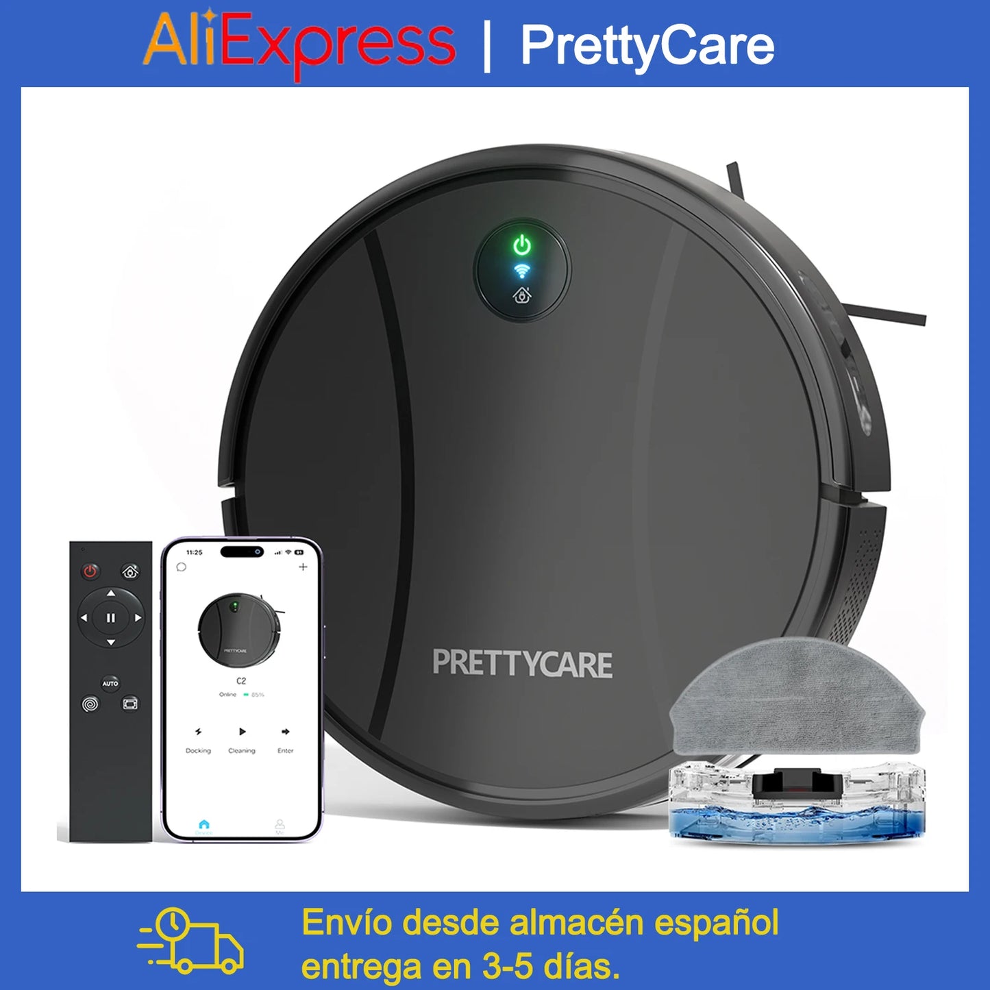 PrettyCare-Aspirateur Robot C2 avec Auto Carpet Boost, Aspirateur de Sol, Aspiration 4000Pa, Alexa, WiFi, App