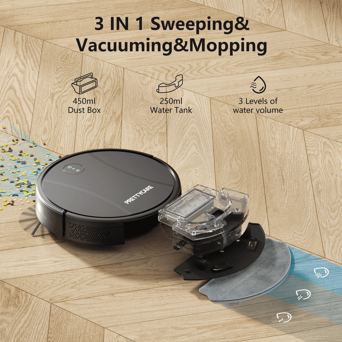 PrettyCare-Aspirateur Robot C2 avec Auto Carpet Boost, Aspirateur de Sol, Aspiration 4000Pa, Alexa, WiFi, App